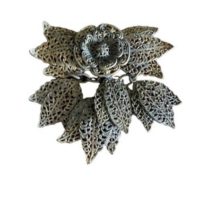 Antique Florenza Victorian Filigree Dangle brooch Pin Silver Metal Flower image 6
