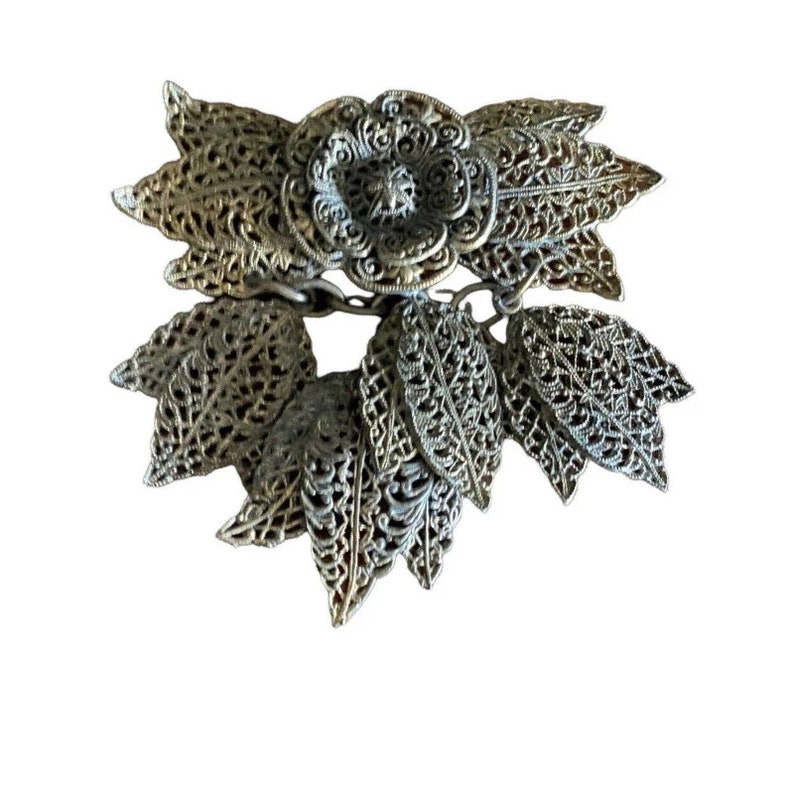 Antique Florenza Victorian Filigree Dangle brooch Pin Silver Metal Flower image 6