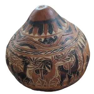 Vintage Peruansk Handskuren Kalebass Inka Signerade Djur Indisk Skållock