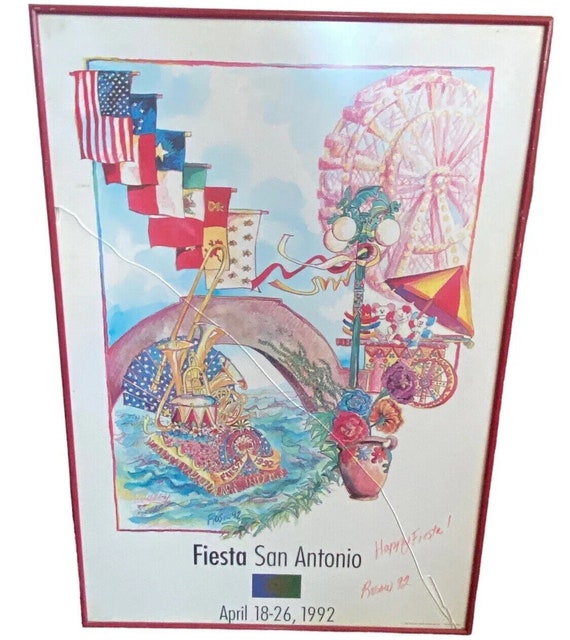 Vtg 1992 Fiesta San Antonio Poster Riverwalk Art Print Signed Jean