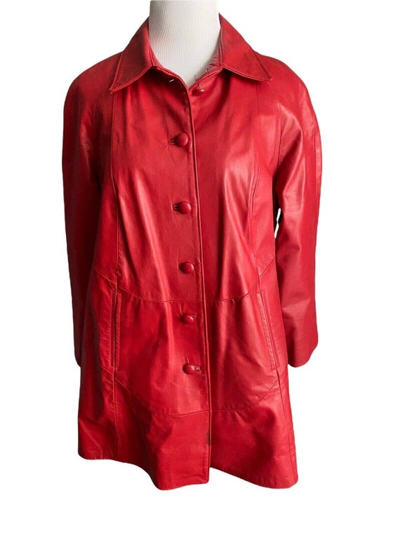 Vtg 70s Leather Factory Lipstick Red car coat Lon… - image 1