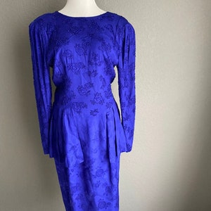 Vintage 80s Marie st Clair beaded long sleeve peplum sheath formal cocktail dress purple 8 10 open back image 1