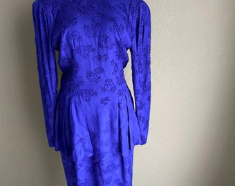 Vintage 80s Marie st Clair beaded long sleeve peplum sheath formal cocktail dress purple 8 10 open back