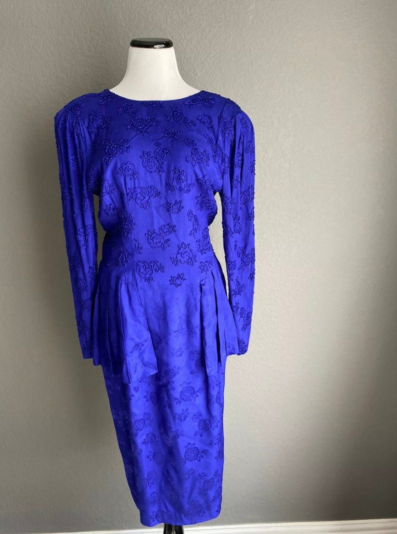 Vintage 80s Marie st Clair beaded long sleeve peplum sheath formal cocktail dress purple 8 10 open back image 1