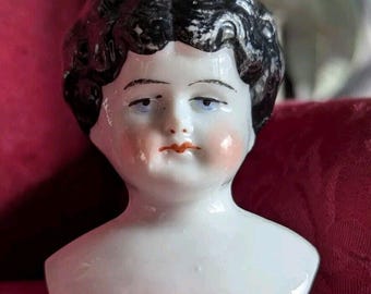 Antique China Head Porcelain Doll Low Brow Black Hair German 3.5” Middle Part