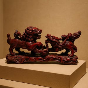 Vintage Chinese Foo Dog Guardian Lions Red Resin Lacquer Style Sculpture 10 Inch