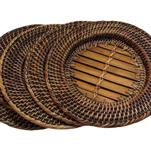 Vintage Woven Wicker Rattan 14&quot; Charger Plate Set 4 Placemats 1970s