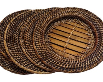 Vintage Woven Wicker Rattan 14" Charger Plate Set 4 Placemats 1970s