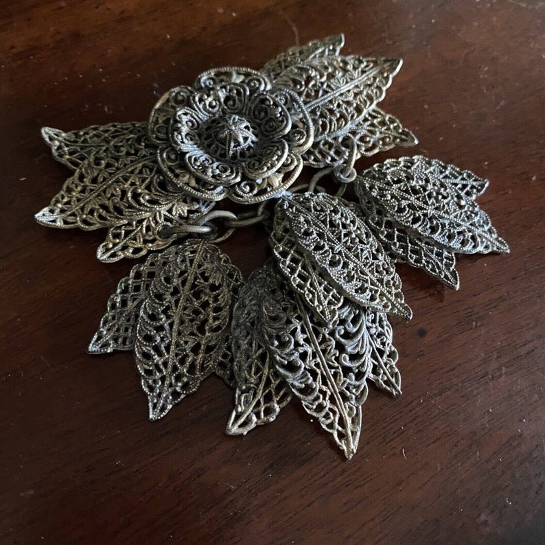Antique Florenza Victorian Filigree Dangle brooch Pin Silver Metal Flower image 9