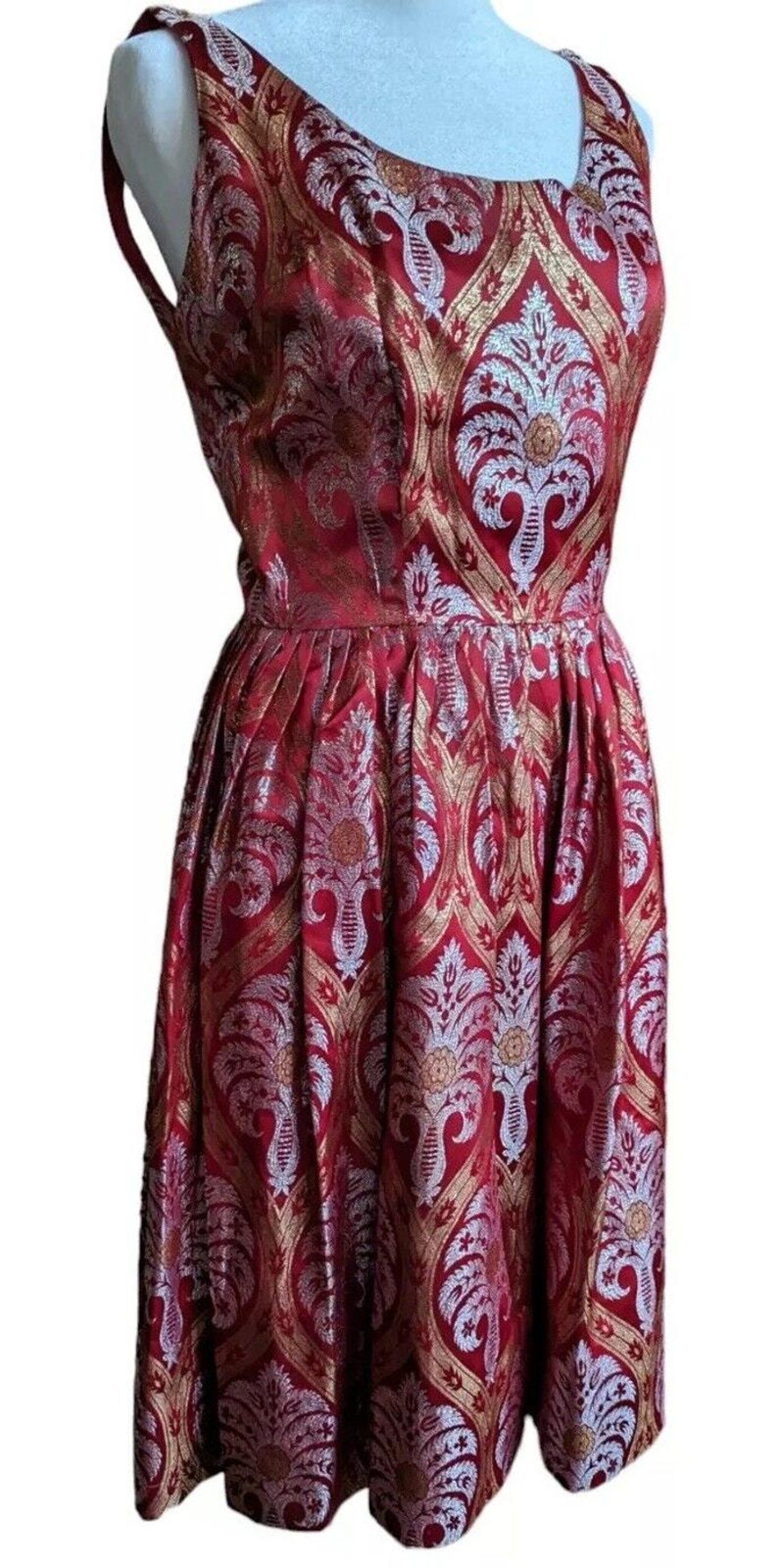 Vintage Silvano Of Roma Heiser Brocade Dress Red Gold Silver 1950s