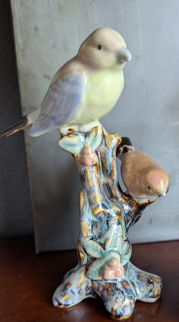 アンティーク シワン 陶器 中国製 マジョリカ 鳥 ツリー 置物 ペア