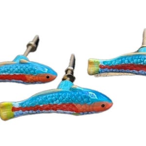 Vtg Ceramic Fish Drawer Pull Cabinet Handle Knob Set Fishing Rainbow Trout