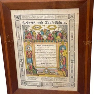 Antique Pennsylvania Dutch Fraktur Birth Baptism Record Certificate 1854 Art