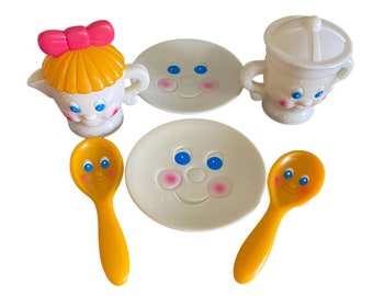 vtg Meritus Smiling Face dishes Cooking plate cup Playset 1983 spoon teapot set