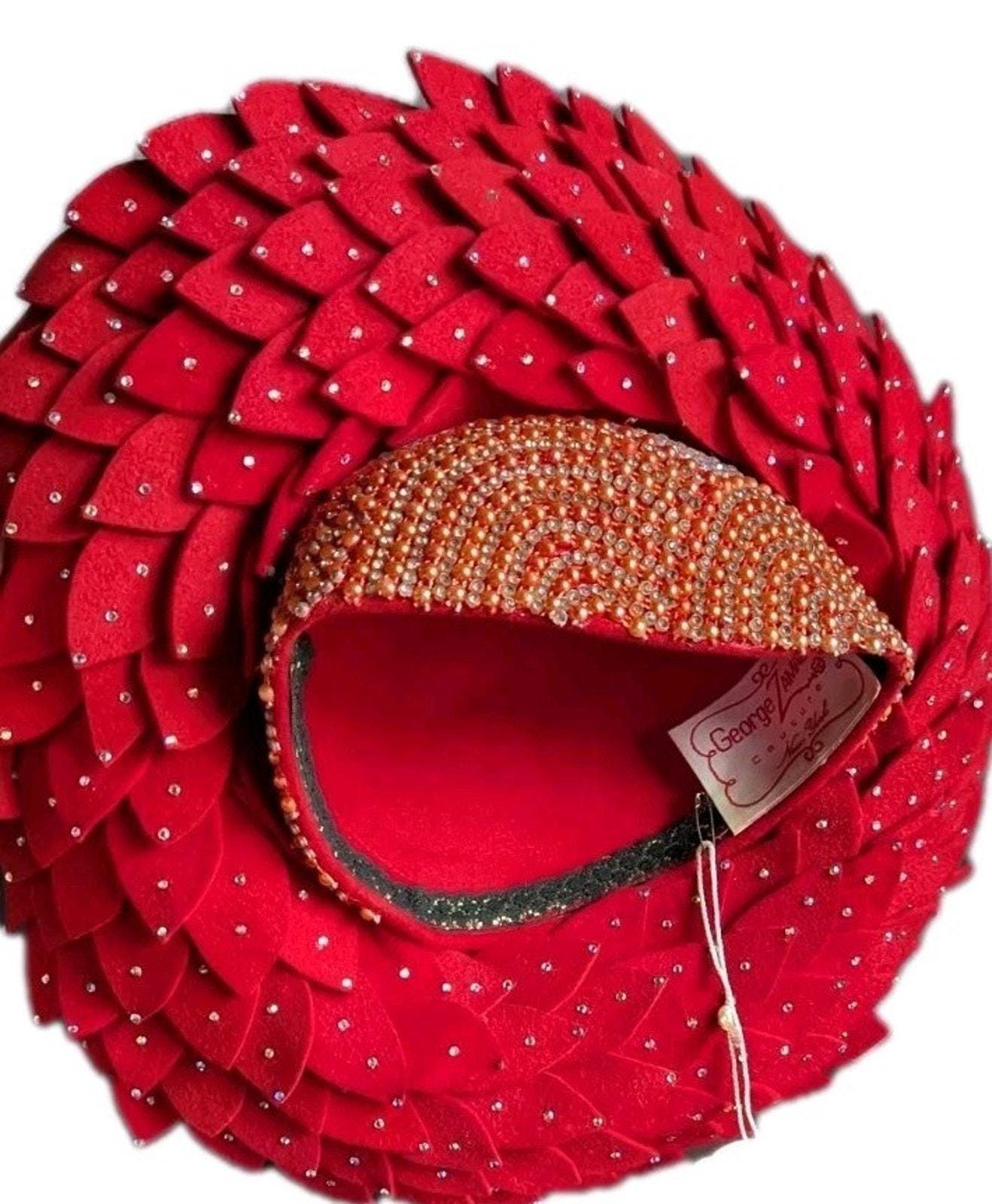 Vtg George Zamaul Couture Glamour Hat Red Rhinestone African Nigerian Beaded Vtg George Zamaul Couture Glamour Hat Red Rhinestone African  main image 4
