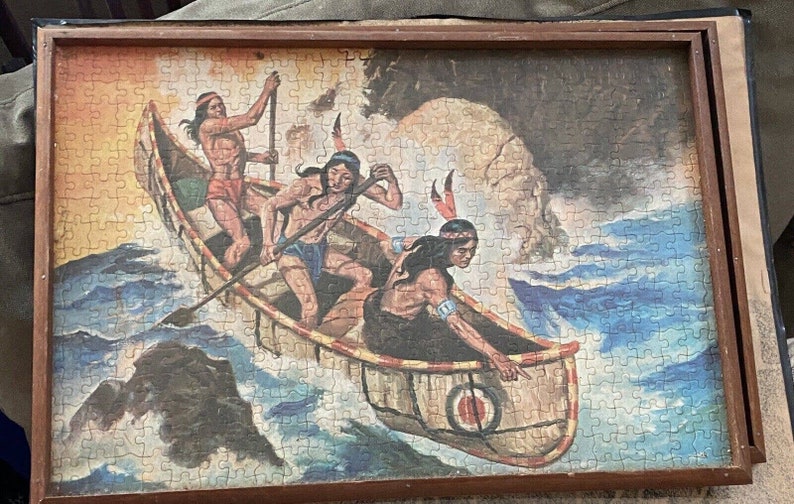 Vtg Native American Puzzle Framed Wood 20” X 13” Canoe Ocean Indian ...