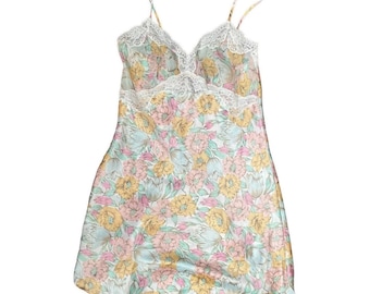 Vtg Victorias Secret Satin Nightgown Gold Label Floral Chemise M Lace 90s Pastel