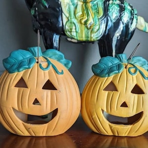 Vtg Terracotta Clay Jack O Lantern Pumpkin Candle Holder Luminary Set Tealight