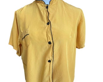 Vtg Oriental Blouse Top Mandarin Collar Gold Black Lewis Frimel 38 L Button Up