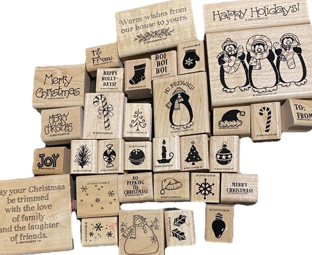 Vtg 90s Stampin up Wood Mounted Christmas Rubber Stamp Set Snowman ...
