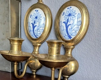 Gold Brass Delft Wall Sconce Set candle holder Blue White Porcelain Vtg Pair