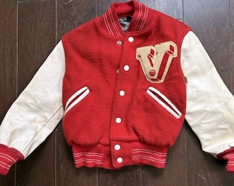 VTG 1960s Kinder Varsity Jacke Rote Wolle Boltaflex Letterman Patch USA 56 Jugend
