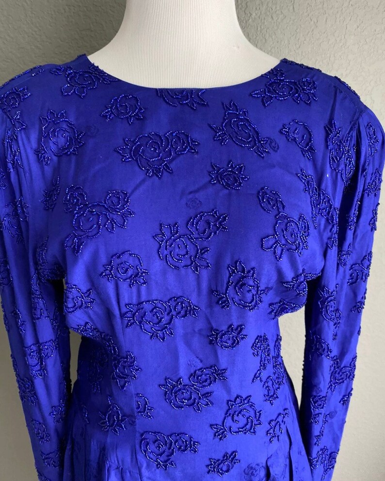 Vintage 80s Marie st Clair beaded long sleeve peplum sheath formal cocktail dress purple 8 10 open back image 3