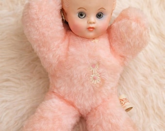 Vintage Pink Rubber Face Doll Bantam Plush Baby Toy Cute Kitsch Nursery Decor Mid Century Stuffed Animal USA