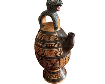 Vtg Peruvian Cusco Art Pottery Chicha Jug Vase Jaguar Vessel
