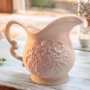 Vtg Light Pink Shabby Farmhouse Pitcher Crock Vase Floral Roses Cottage Relief