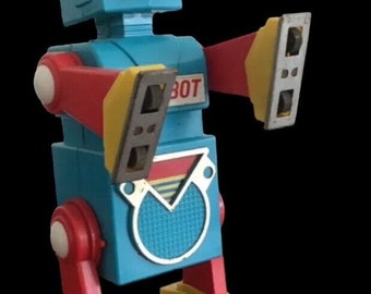 Vintage Yonezawa Japan Acrobot Robot 1968 9.5" Walking Lights Blue Tin Toy