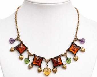 Vtg Art Glass Works Studio Collier à breloques coeur en laiton ambre multicolore