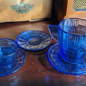 Vintage Akro Agate Clear Cobalt Blue Childrens Tea Set Dishes Glass Cup Plate
