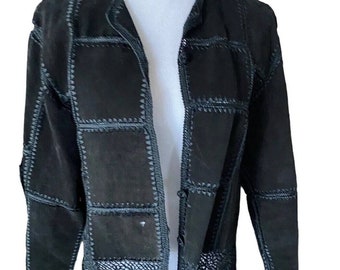 Vtg Suede Jacket Patchwork Crochet Women L Button up Coat