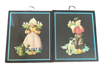 vtg Dutch Boy girl Wood Plaques Mini Pair tulips black wall hanging decor dog