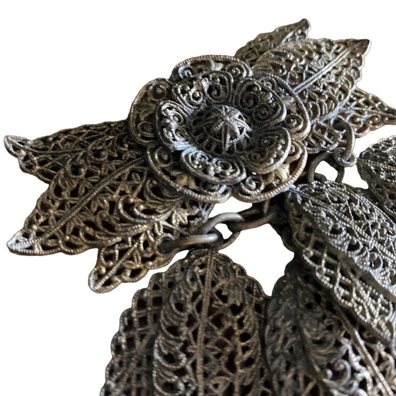 Antique Florenza Victorian Filigree Dangle brooch Pin Silver Metal Flower image 5