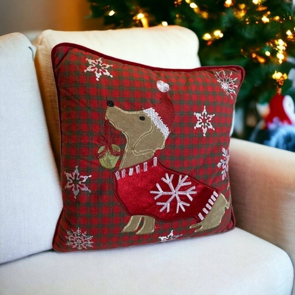 Celerie Kemble Pillow dachshund weiner dog santa down Christmas Buffalo Check