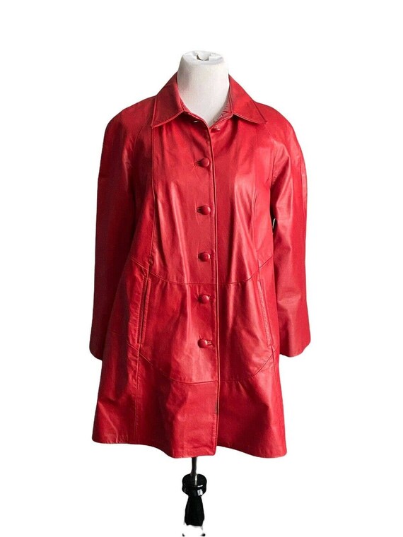 Vtg 70s Leather Factory Lipstick Red car coat Lon… - image 3