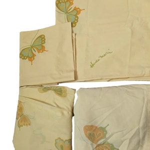 Vtg Martex Yellow Butterfly Percale Full Fitted Flat Sheet Set Pillowcases 70s