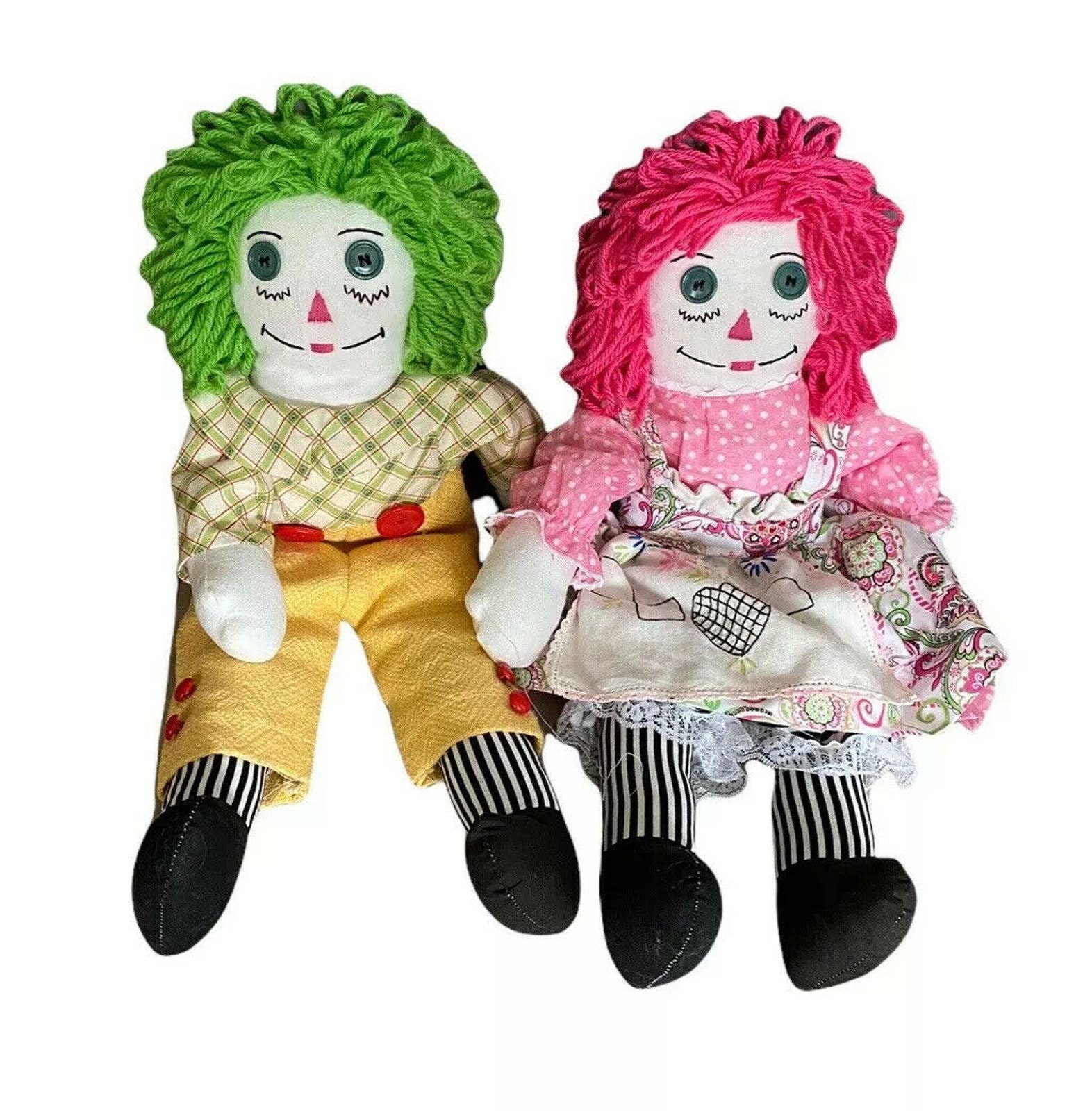Designer Handmade Raggedy Ann Andy Doll Pair Set Pink Green