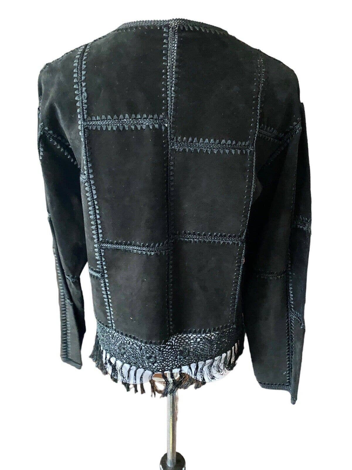 Vtg Suede Jacket Patchwork Crochet Women L Button up Coat