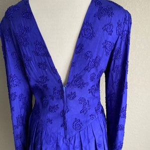 Vintage 80s Marie st Clair beaded long sleeve peplum sheath formal cocktail dress purple 8 10 open back image 2