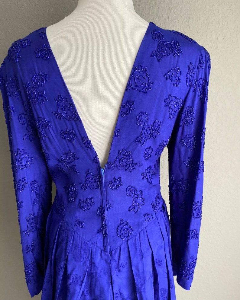 Vintage 80s Marie st Clair beaded long sleeve peplum sheath formal cocktail dress purple 8 10 open back image 2