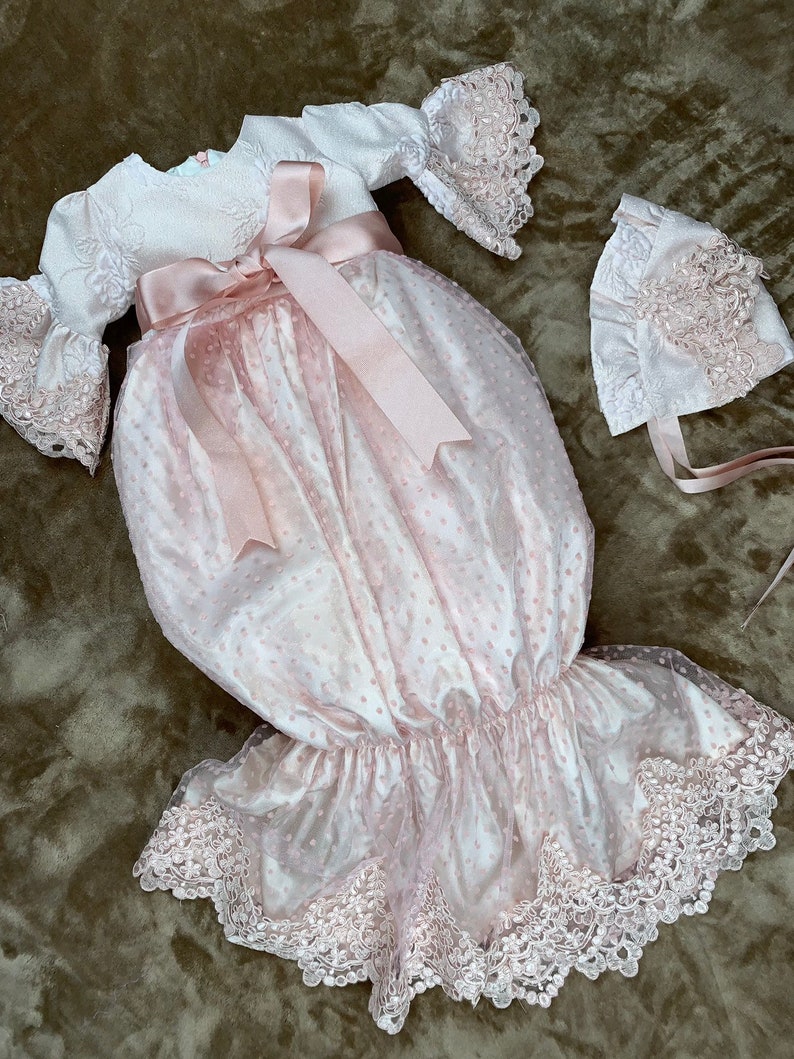 White gown for girls Pink off white slip gowns baptism gown| girls gown bell-sleeved gowns with bowknots christining gown