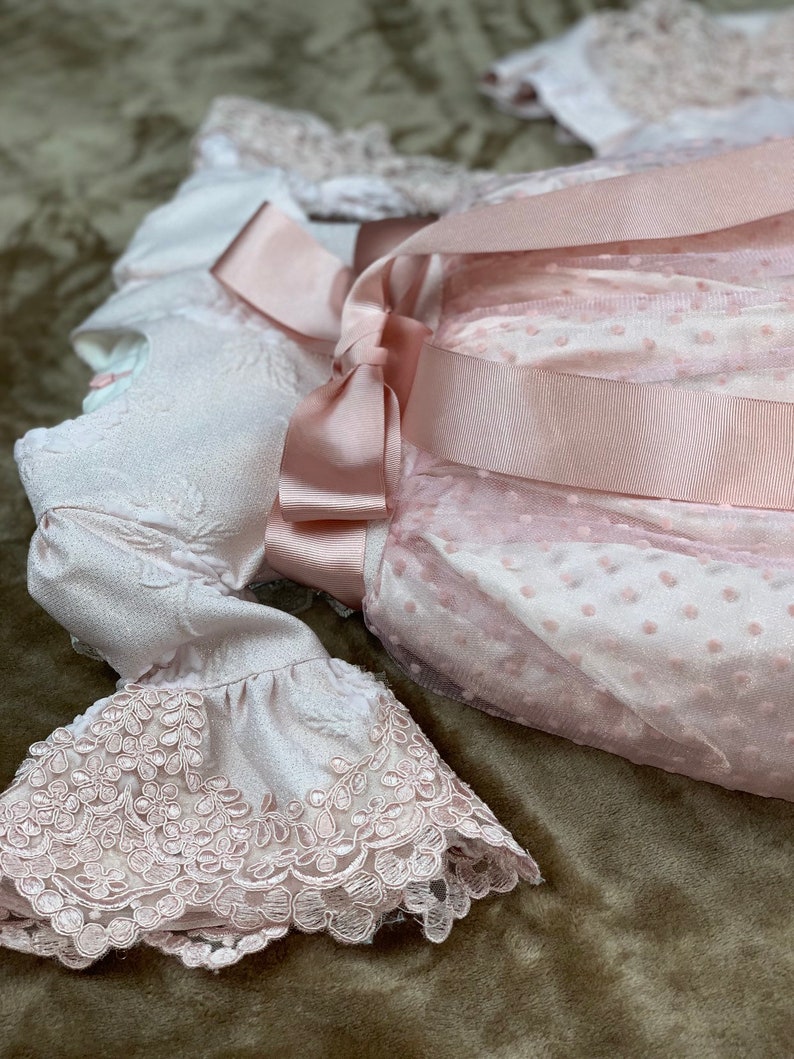 White gown for girls Pink off white slip gowns baptism gown| girls gown bell-sleeved gowns with bowknots christining gown