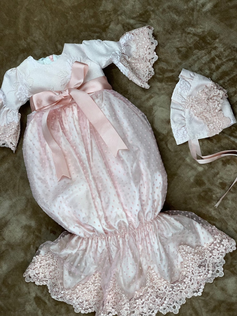 White gown for girls Pink off white slip gowns baptism gown| girls gown bell-sleeved gowns with bowknots christining gown