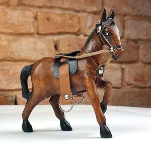 Wooden horse figurine - with bridle and saddle. Horse sculpture. Vintage decoration. Wooden animal figurine. Wood toys.