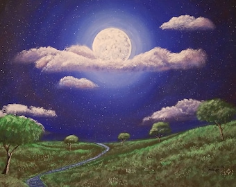 May include: A painting of a starry night sky with a full moon shining brightly through clouds. A winding path leads through a grassy field with trees and a small stream.