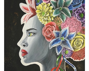 May include: A painting of a woman's face in profile, with a crown of colorful flowers on her head. The woman's face is painted in shades of gray, with red lips and blue eyes. The flowers are a variety of colors, including pink, yellow, blue, and purple. The background is black.
