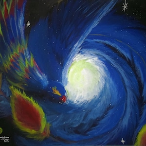 May include: A vibrant painting of a colorful bird flying into a swirling blue galaxy. The bird's wings are a mix of red, yellow, and blue, and the galaxy is filled with white stars.